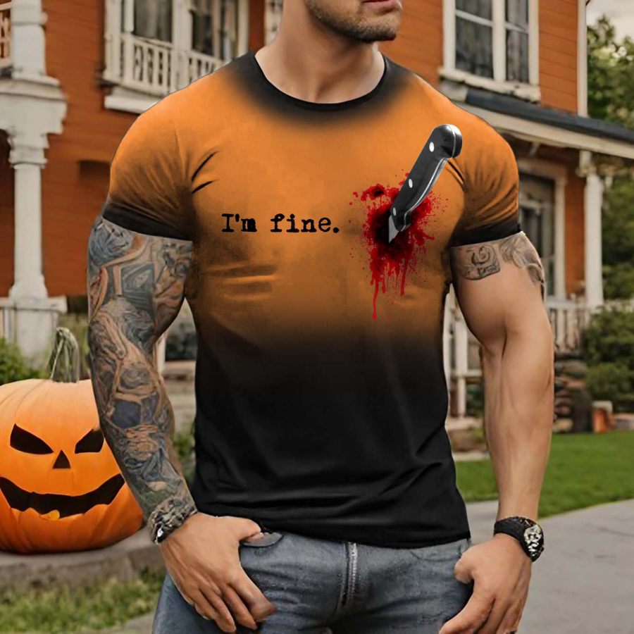 

Men's Vintage I'm Fine Bloody Halloween Gradient Print Crew Neck Short Sleeve T-Shirt