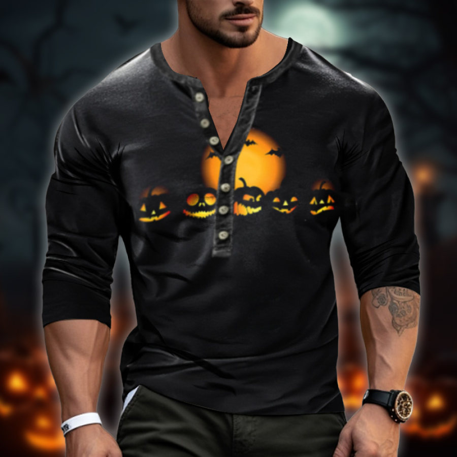 

Men's Vintage Pumpkin Moon Bats Halloween Print Henley Long Sleeve T-Shirt