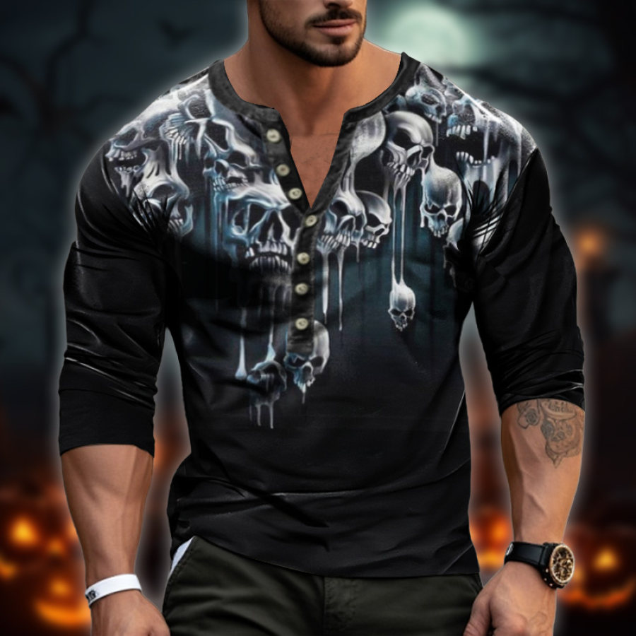 

Men's Vintage Dark Skull Halloween Print Henley Long Sleeve T-Shirt