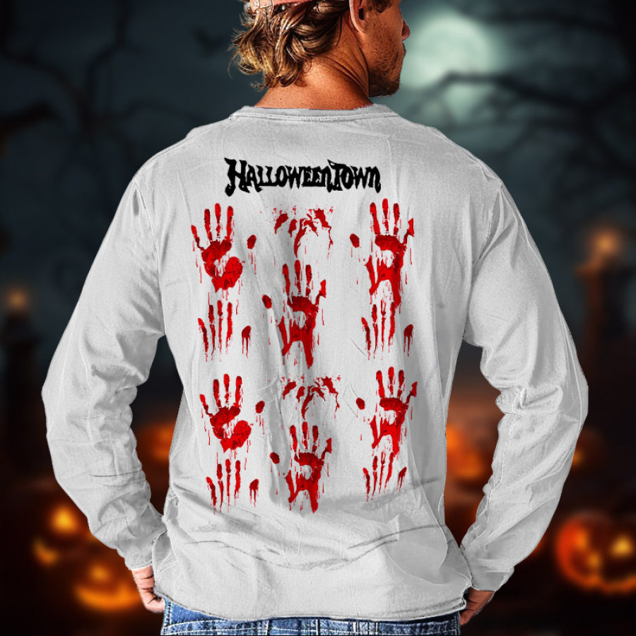 

Men's Vintage Spook-tacular Scary Bloody Hands Halloween Print Henley Long Sleeve T-Shirt