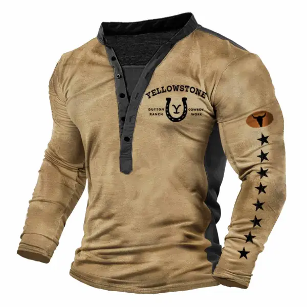 Men's Vintage Western Yellowstone Horseshoe Print Color Block Henley Long Sleeve T-Shirt - Nicheten.com 