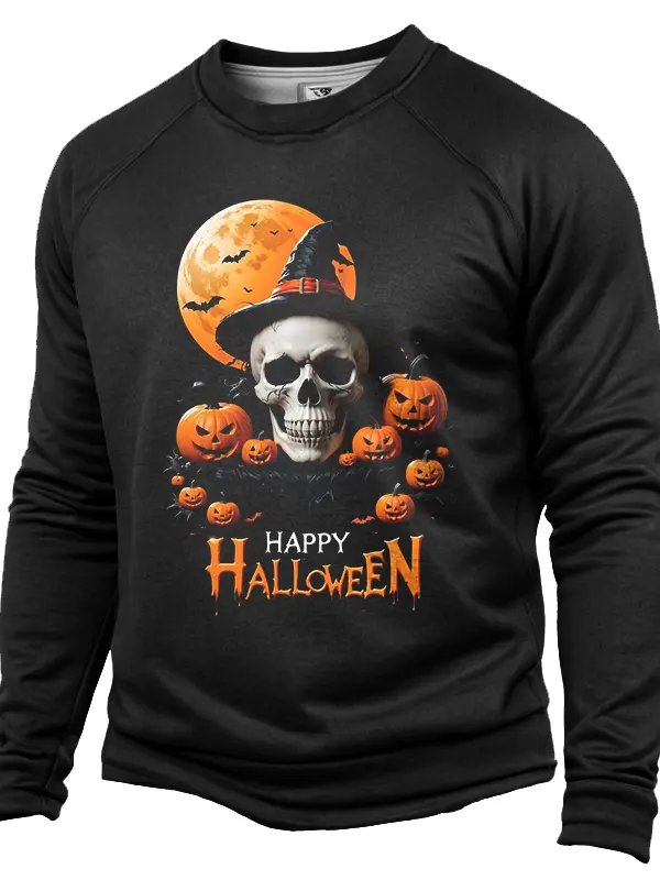 Halloween Skull Print Round Neck Hoodie - Menwyx.com 