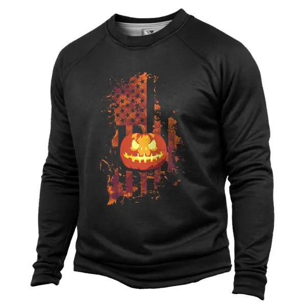 Halloween Flag Pumpkin Print Round Neck Hoodie - Rabclub.com 