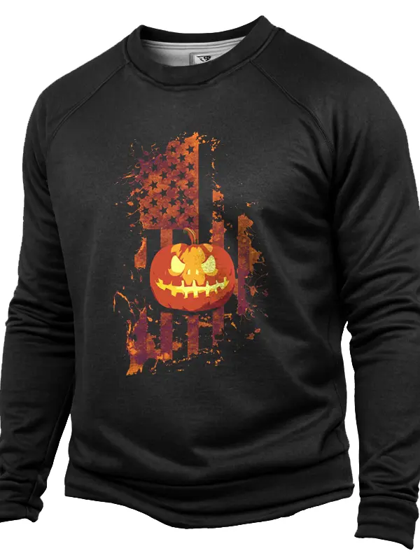 Halloween Flag Pumpkin Print Round Neck Hoodie - Menwyx.com 