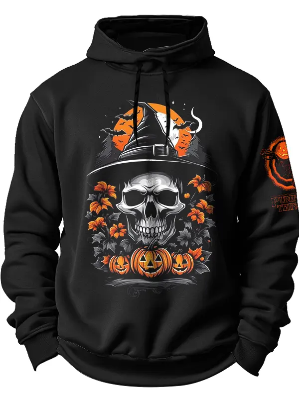 Halloween Pumpkin Skull Print Hoodie - Menwyx.com 