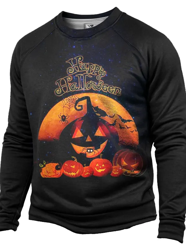 Halloween Evil Pumpkin Print Round Neck Hoodie - Menwyx.com 