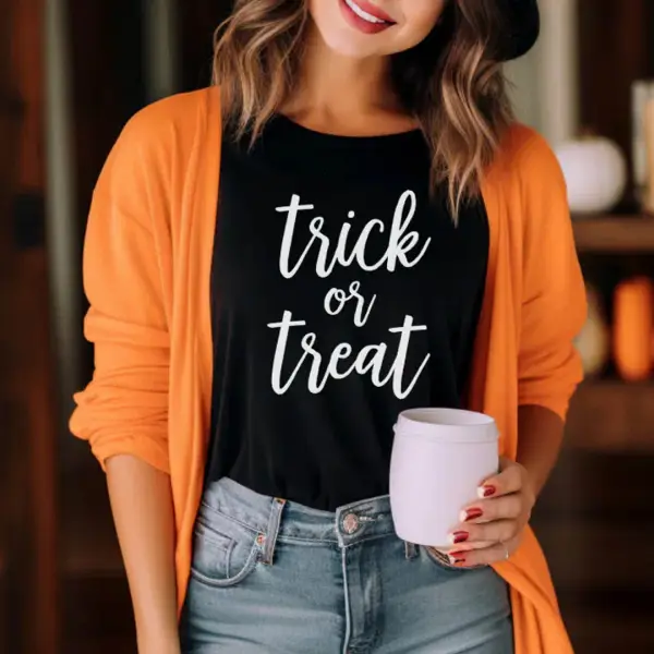 Women's Vintage Halloween Trick Or Treat Short Sleeve Crew Neck T-Shirt - Wayrates.com 