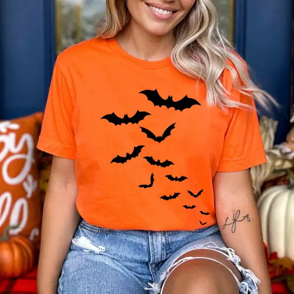 Women's Vintage Halloween Cute Bat Short Sleeve Crew Neck T-Shirt - Wayrates.com 