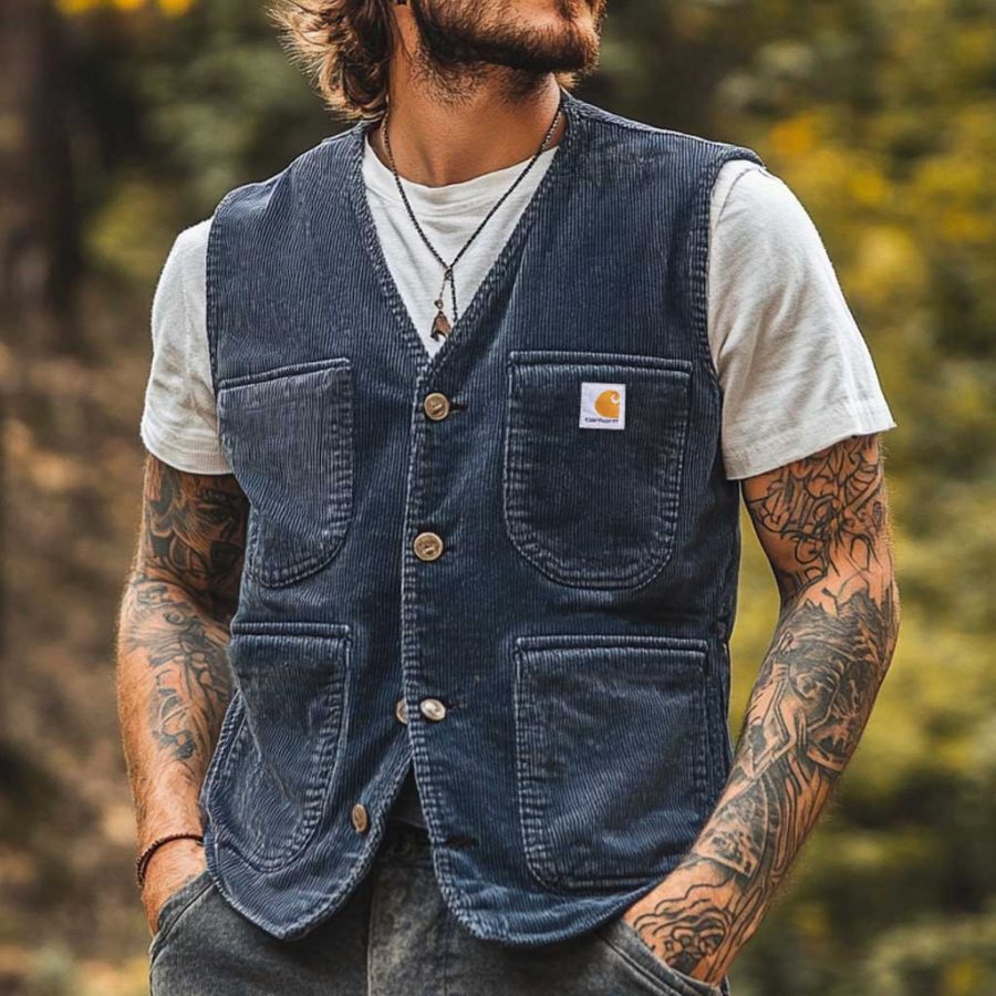

Men's Vintage Outdoor Corduroy Multi-pocket Vest