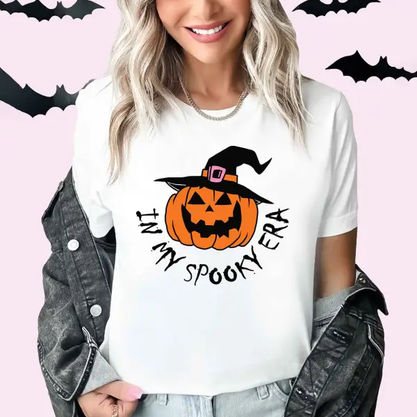 Women's Vintage Halloween Pumpkin In My Spooky Era Short Sleeve Crew Neck T-Shirt - Wayrates.com 