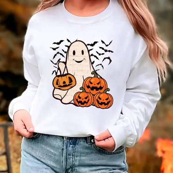 Women's Vintage Halloween Pumpkin Ghost Long Sleeve Crew Neck Sweatshirt - Wayrates.com 