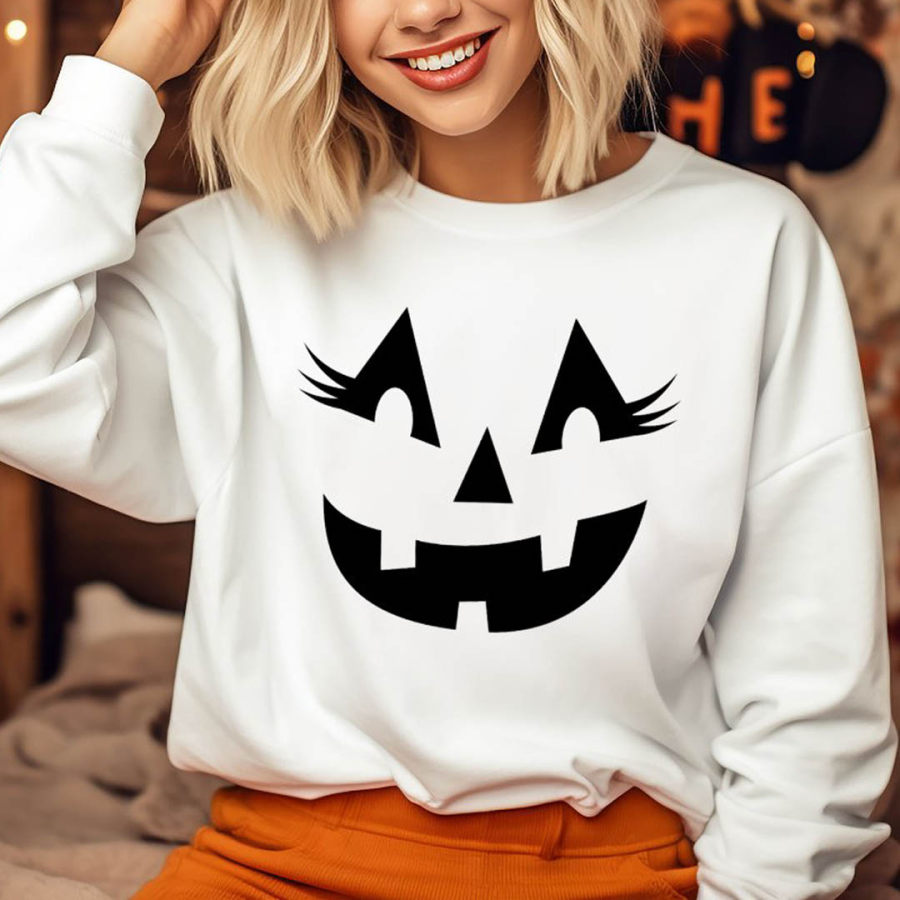 

Women's Vintage Halloween Jack O Lantern Pumpkin Face Long Sleeve Crew Neck Sweatshirt