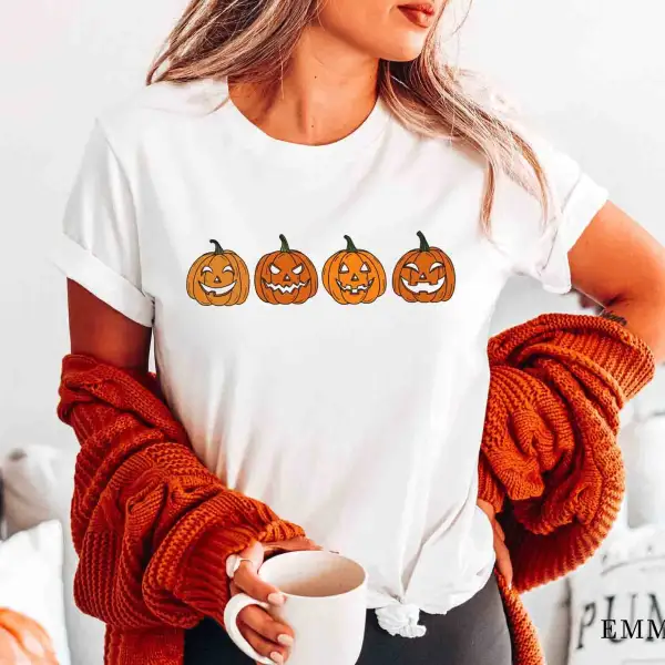 Women's Vintage Halloween Pumpkin Jack-o-Lantern Short Sleeve Crew Neck T-Shirt - Wayrates.com 