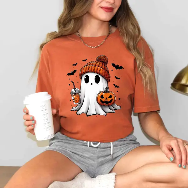 Women's Vintage Halloween Ghost Short Sleeve Crew Neck T-Shirt - Nicheten.com 