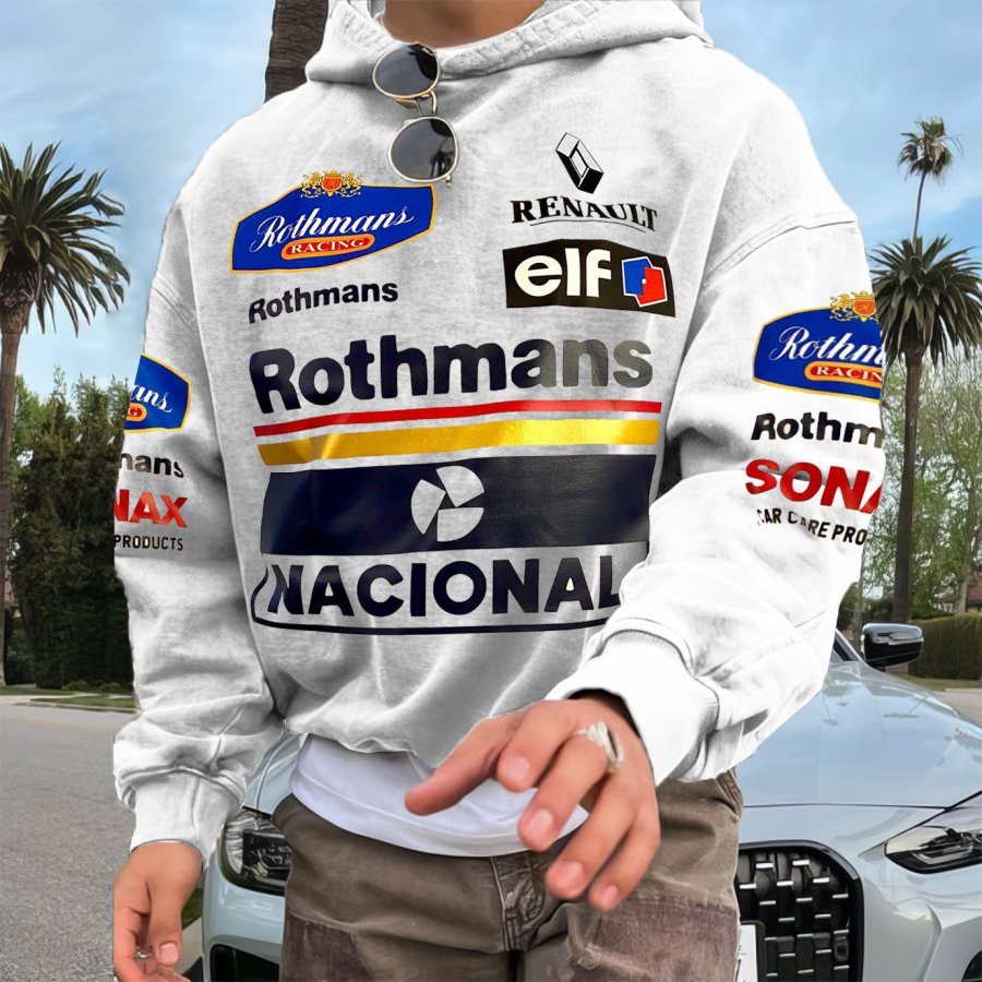 

Men's Retro Racing Print Grey Oversized Hoodie