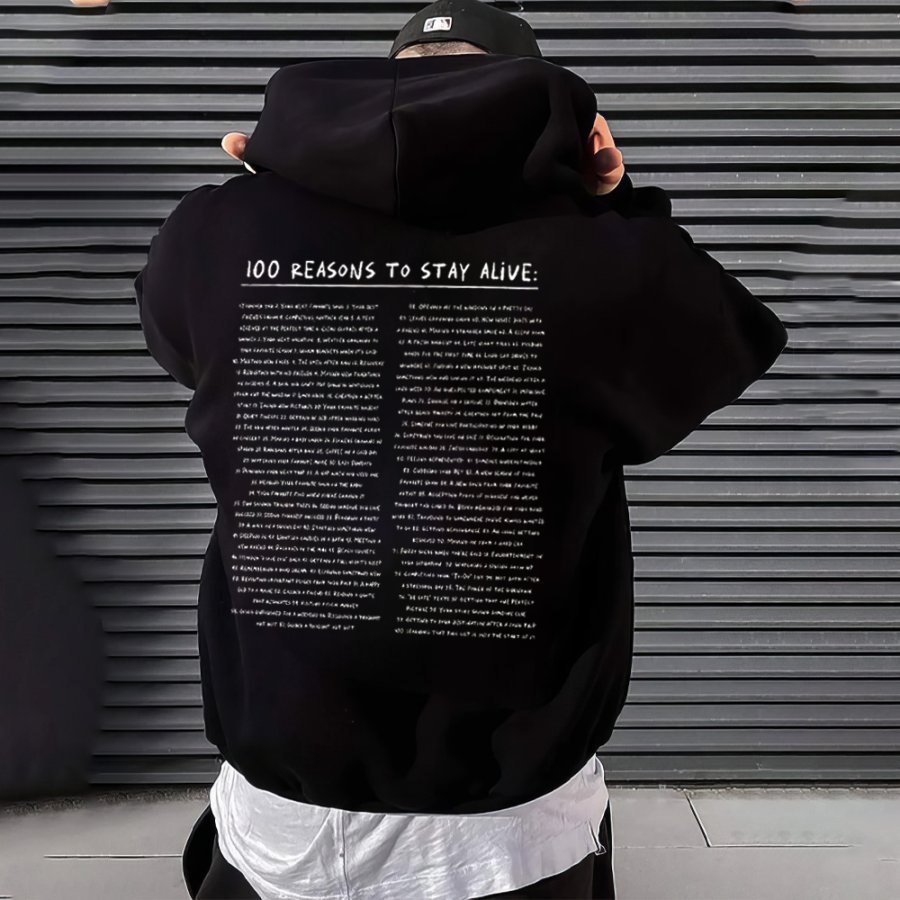 

Men's 100 Reasons To Stay Alive Print Black Oversized Hoodie