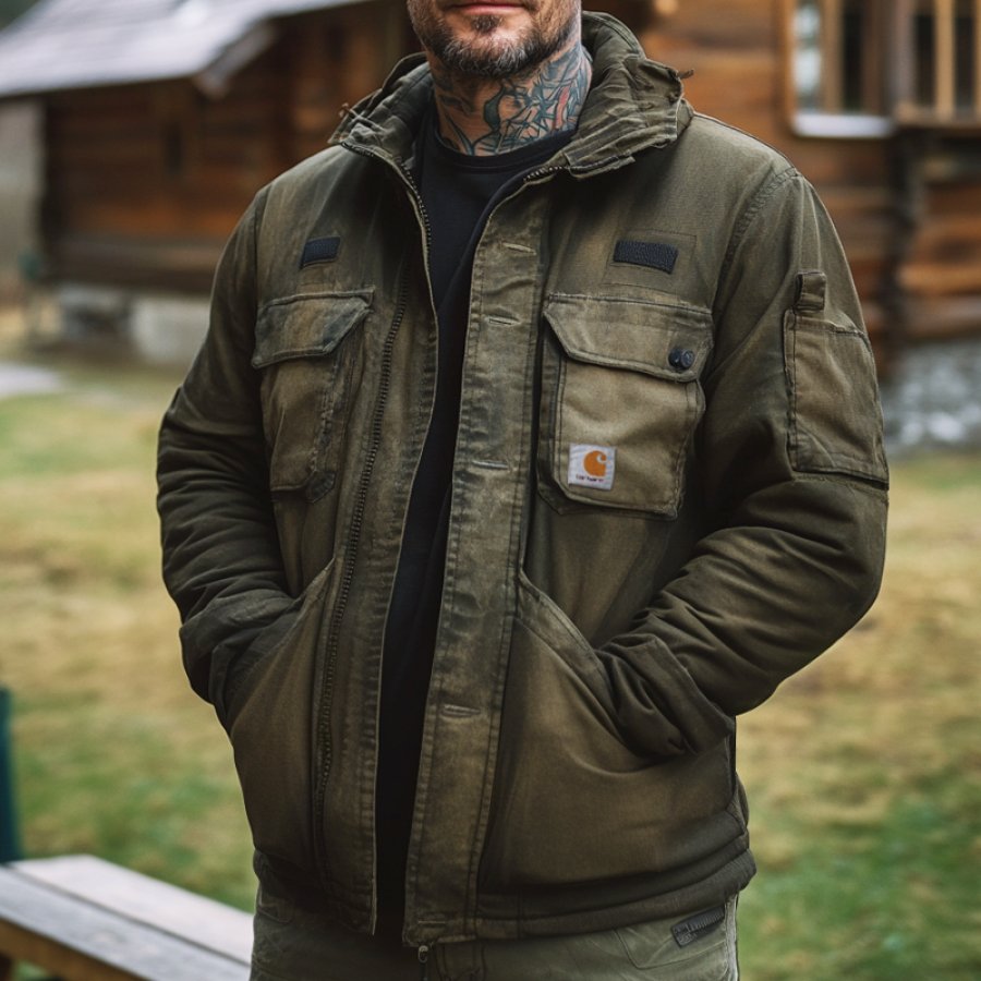 

Men's Outdoor Vintage Patchwork Stand Collar Multi-pocket Work Jacket
