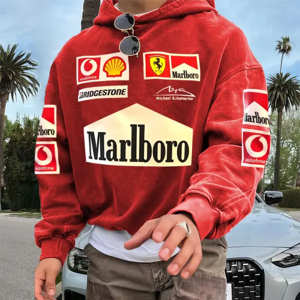 Men's Retro Marlboro Racing Print Red Oversized Hoodie - Wayrates.com 