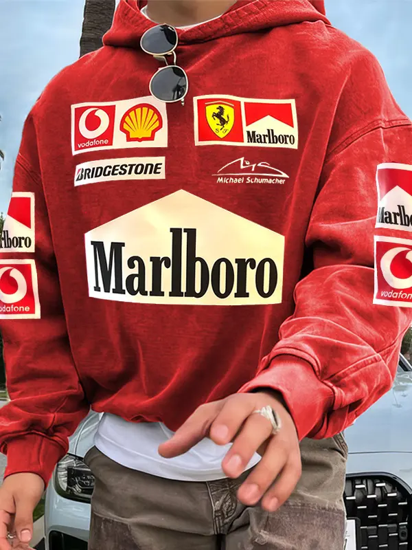 Men's Marlboro Racing Oversized Retro Print Red Hoodie - Pragmaace.com 