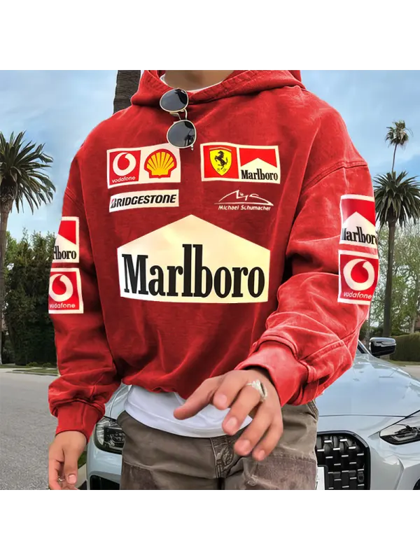 Men's Retro Racing Print Red Oversized Hoodie - Anrider.com 