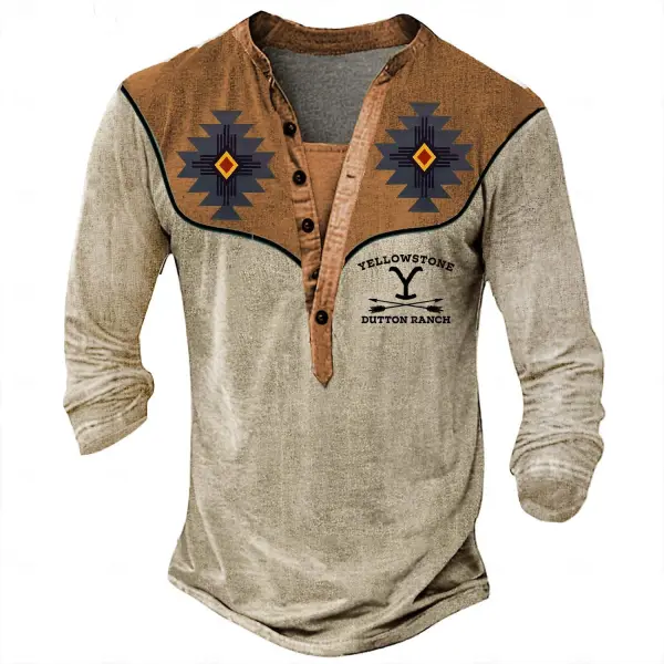 Men's Vintage Yellowstone Western Aztec Cowboy Henley Long Sleeve T-Shirt - Elementnice.com 