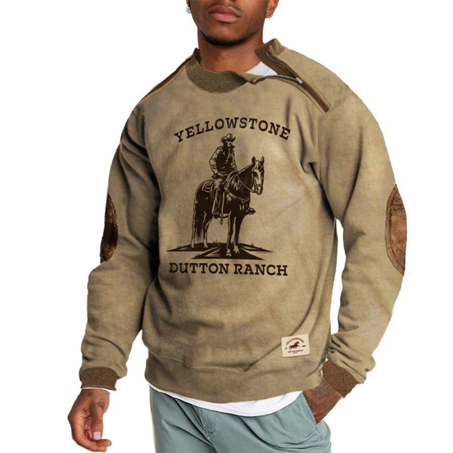 

Men's Yellowstone Print Sweatshirt Deconstructive Patchwork Vintage Long Sleeve Daily Polo Neck Tops