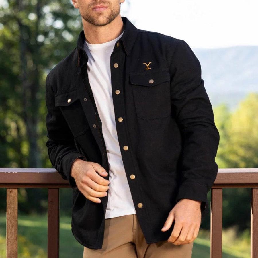 

Men's Vintage Yellowstone Embroidery Western Cowboy Pocket Lapel Collar Outdoor Work Cargo Shirt Jacket