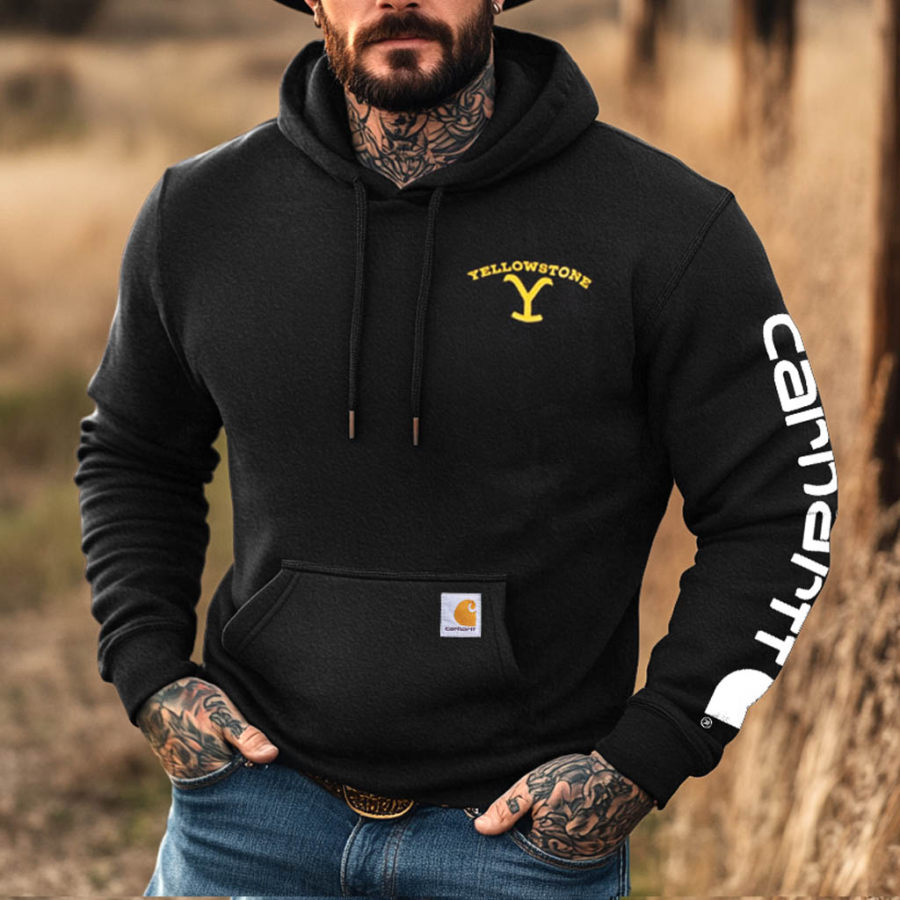 

Men's Vintage Yellowstone Embroidered Western Cowboy Pocket Long Sleeve Casual Hoodie