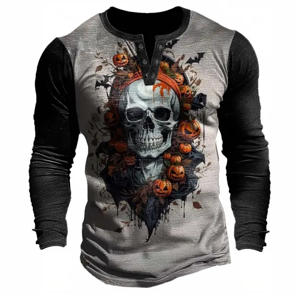 Men's Vintage Halloween Pumpkin Skull Henley Long Sleeve T-Shirt - Manlyhost.com 