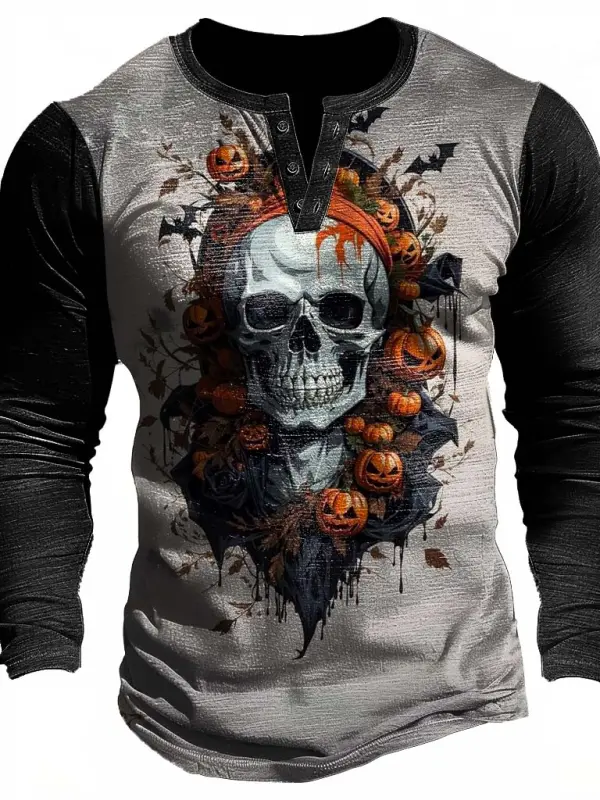 Men's Vintage Halloween Pumpkin Skull Henley Long Sleeve T-Shirt - Menwyx.com 