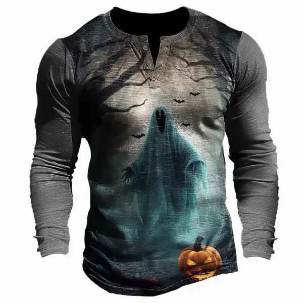 Men's Vintage Halloween Pumpkin Bat Ghost Henley Long Sleeve T-Shirt Only $25.99 - Rabclub.com 