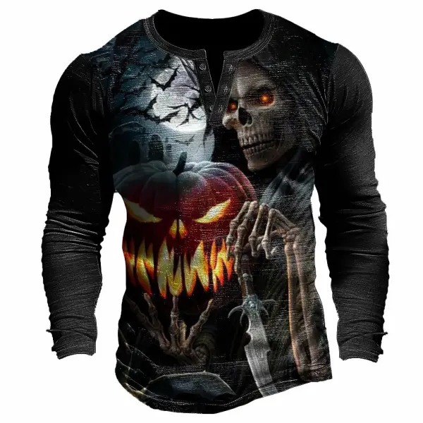 Men's Vintage Halloween Pumpkin Skull Henley Long Sleeve T-Shirt - Rabclub.com 