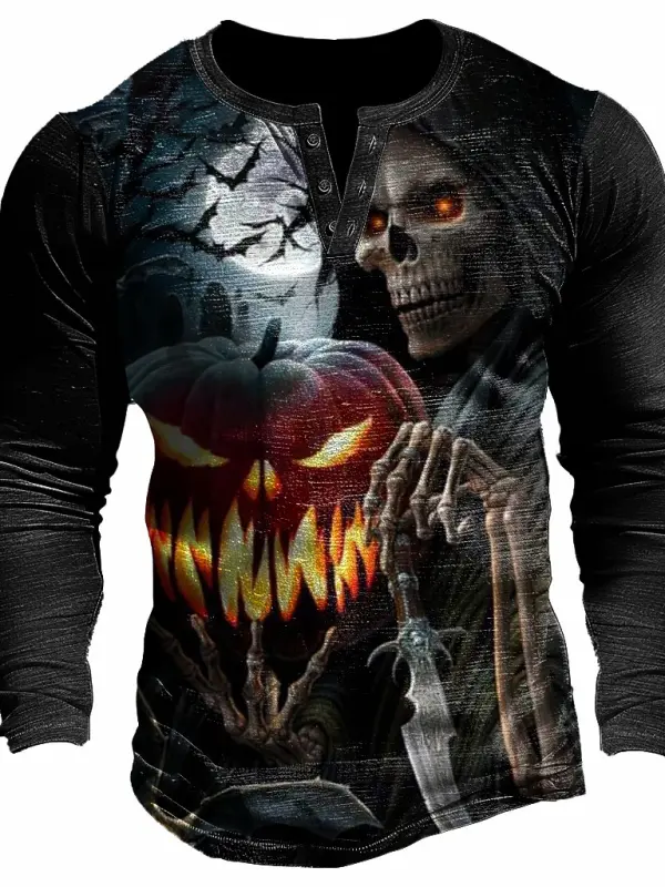 Men's Vintage Halloween Pumpkin Skull Henley Long Sleeve T-Shirt - Menwyx.com 