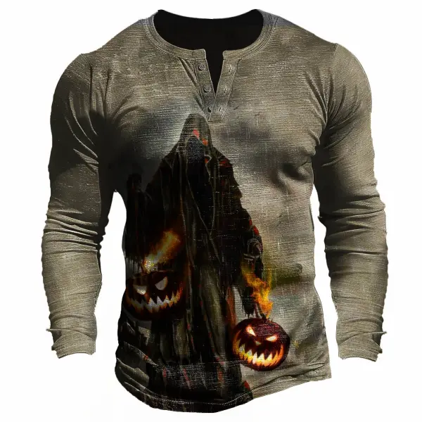 Men's Vintage Halloween Pumpkin Ghost Henley Long Sleeve T-Shirt - Cotosen.com 