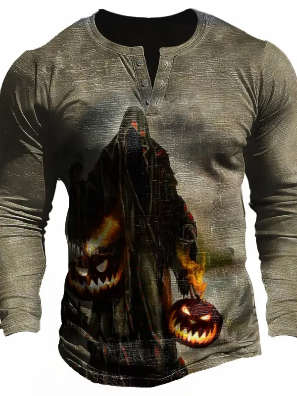 Men's Vintage Halloween Pumpkin Ghost Henley Long Sleeve T-Shirt - Menwyx.com 