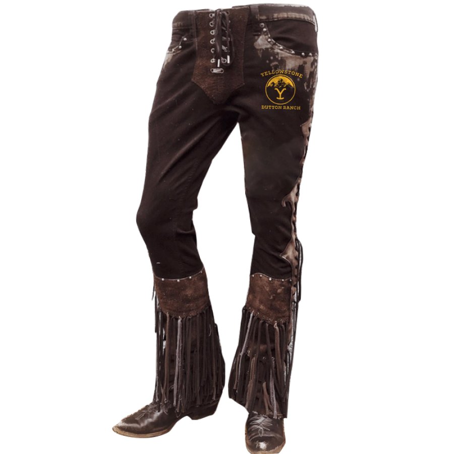 

Men's Yellowstone Western Cowboy Splicing Color Contrasting Tassels Casual Pants