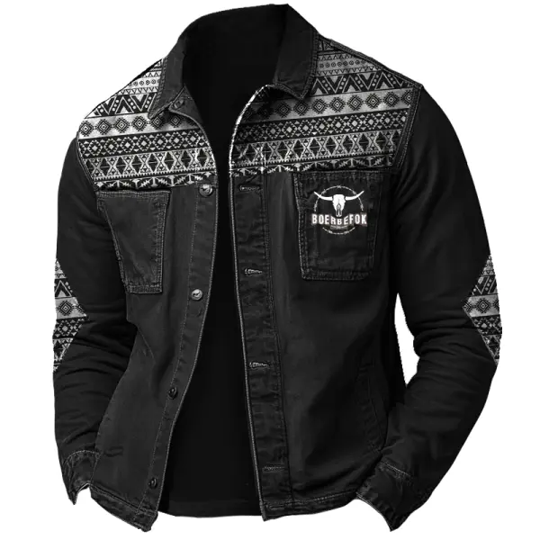 Men's Retro Aztec Western Pocket Cargo Long Sleeve Jacket Shirt - Menzfolk.com 