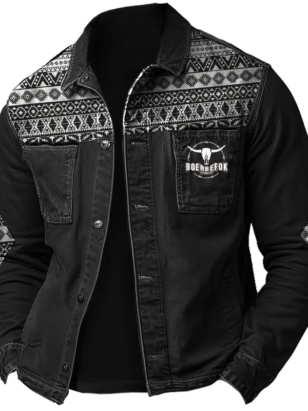 Men's Retro Aztec Western Pocket Cargo Long Sleeve Jacket Shirt - Menwyx.com 