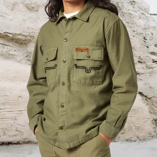 Men's Retro Western Cargo Pocket Color Block Long Sleeve Jacket Shirt - Wayrates.com 