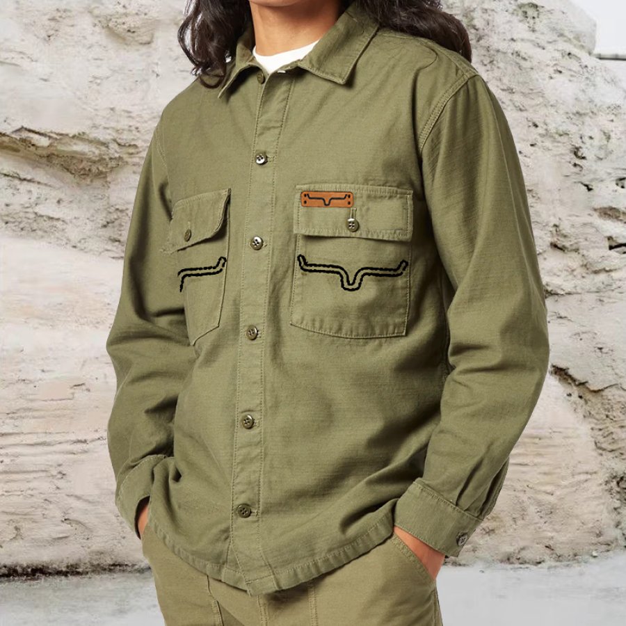

Men's Retro Western Cargo Pocket Color Block Long Sleeve Jacket Shirt