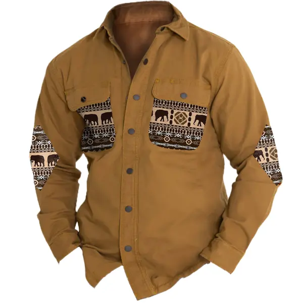 Men's Aztec Elbow Patch Western Cargo Pocket Color Block Long Sleeve Jacket Shirt - Menzfolk.com 