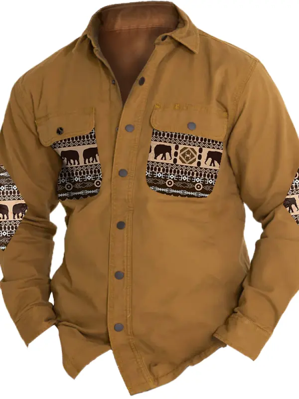 Men's Aztec Elbow Patch Western Cargo Pocket Color Block Long Sleeve Jacket Shirt - Menwyx.com 