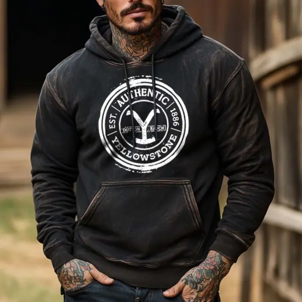 Men's Vintage Yellowstone Western Cowboy Pocket Long Sleeve Casual Hoodie - Trisunshine.com 