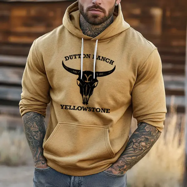 Men's Vintage Yellowstone Western Cowboy Pocket Long Sleeve Casual Hoodie - Dozenlive.com 