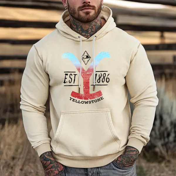 Men's Vintage Yellowstone Western Cowboy Pocket Long Sleeve Casual Hoodie - Trisunshine.com 