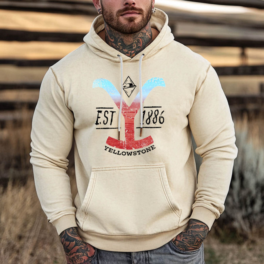 

Men's Vintage Yellowstone Western Cowboy Pocket Long Sleeve Casual Hoodie