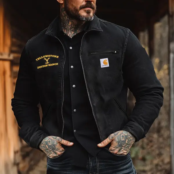 Men's Vintage Yellowstone Embroidery Western Cowboy Pocket Lapel Collar Outdoor Work Duck Detroit Cargo Shirt Jacket - Nicheten.com 