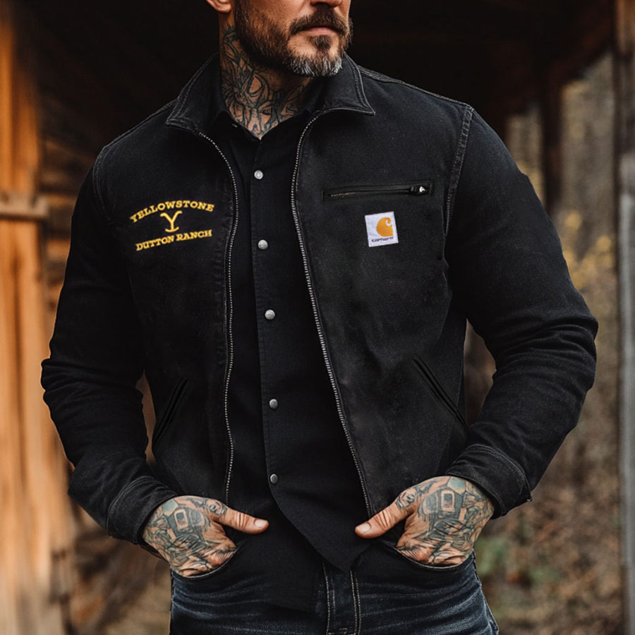 

Men's Vintage Yellowstone Embroidery Western Cowboy Pocket Lapel Collar Outdoor Work Duck Detroit Cargo Shirt Jacket