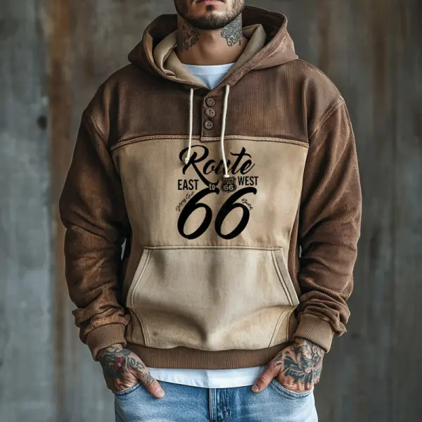 Men's Route66 Corduroy Splicing And Contrasting Colors Hoodie - Trisunshine.com 