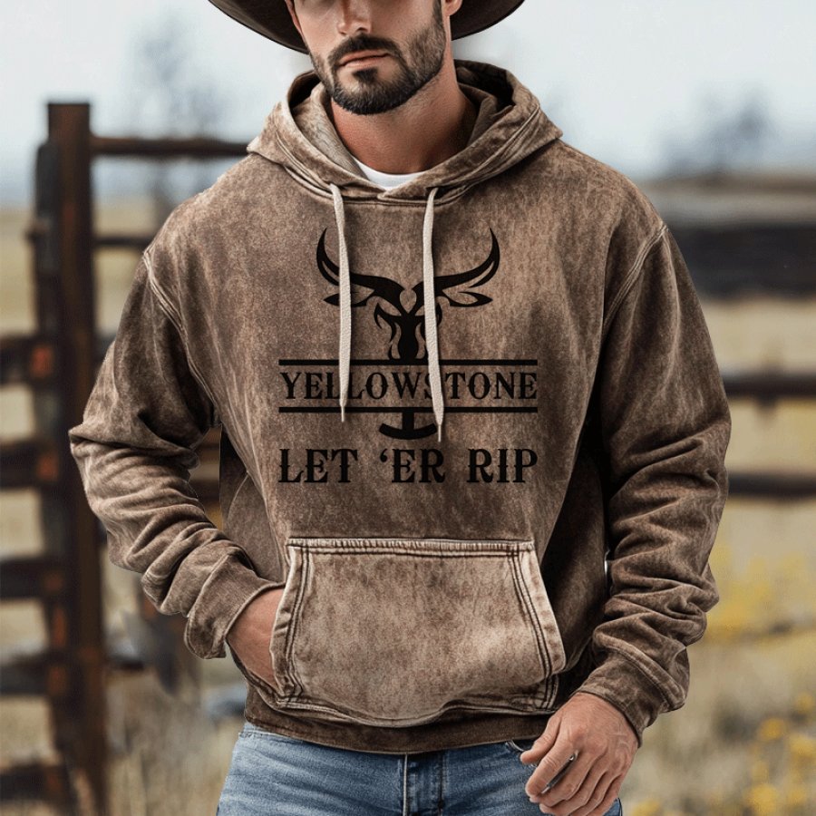 

Men's Yellowstone Vintage Wash Pocket Long Sleeve Hoodie